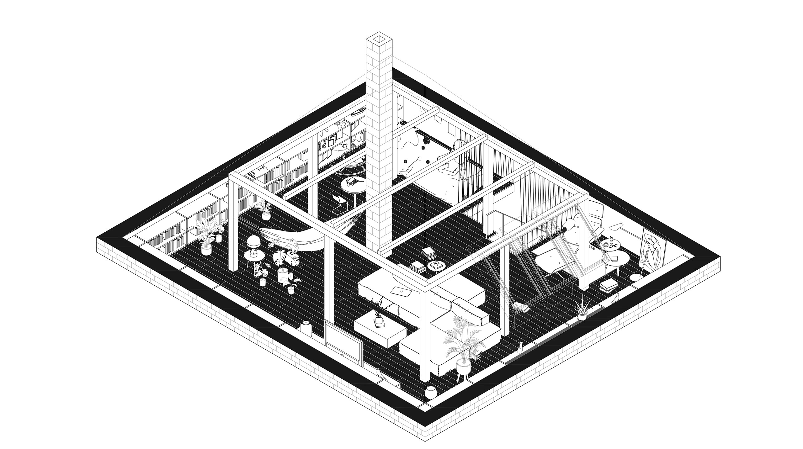 BELÁ podkrovie rodinný dom axonometria interiér architektonická štúdia návrh interiéru